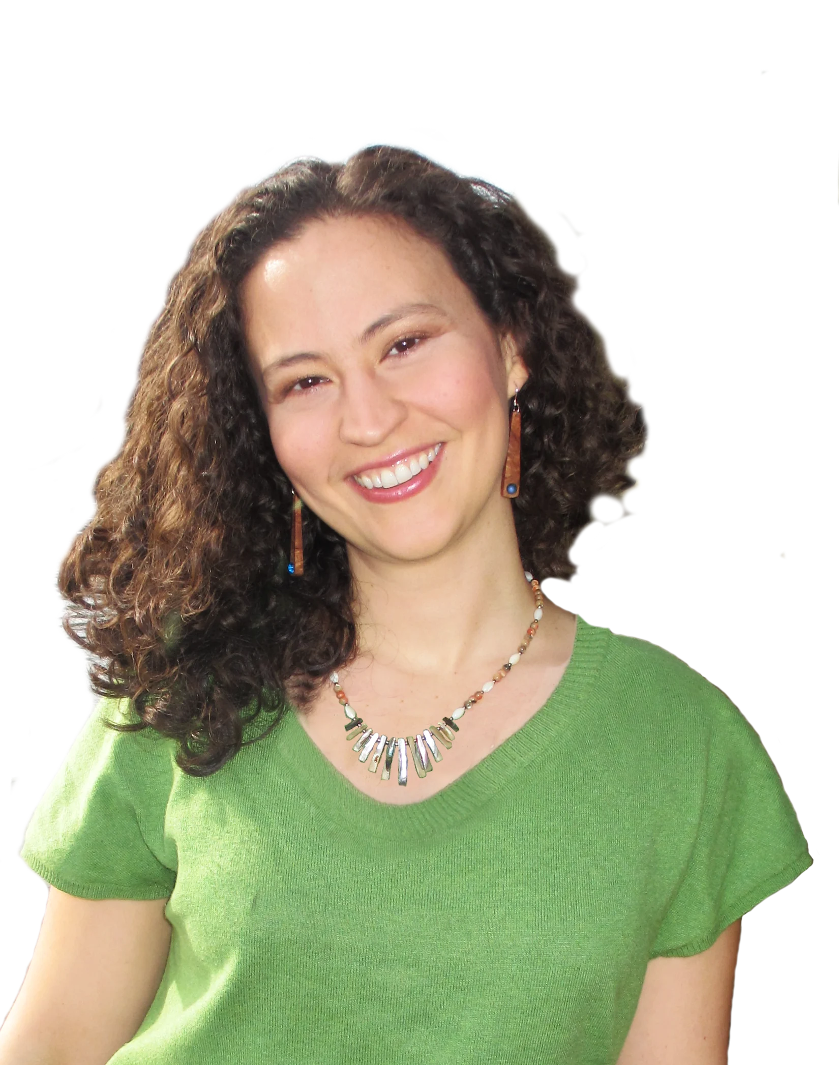 Jeanell in green shirt with head tilted to side, photo by Ashley Berger