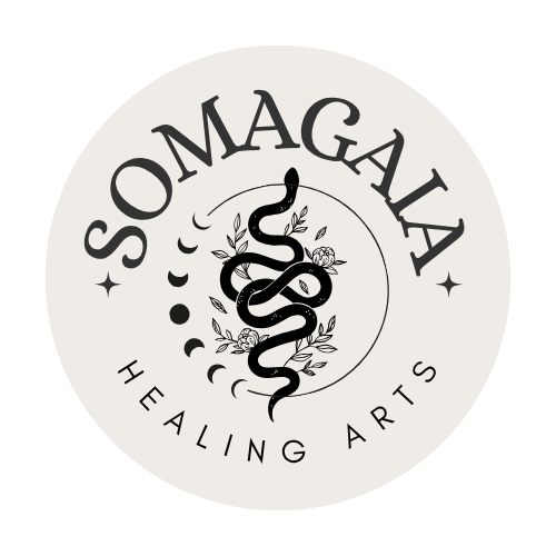 SomaGaia Healing Arts logo with serpents, plants, and moon cycles